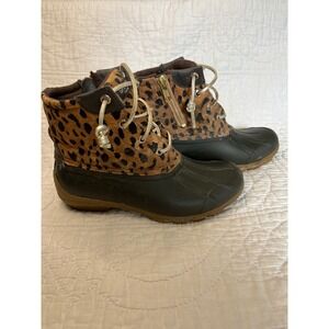 Sperry Saltwater Leopard Print Duck Boots Brown Black STS86757 Womens 5M